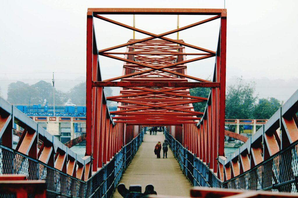 Front view of the iconic Ram Jhula suspension bridge in Rishikesh, India, spanning the holy Ganges River. This image is a perfect glimpse into the spiritual and cultural heart of Rishikesh, a popular destination on the One Day Delhi to Haridwar & Rishikesh Trip.