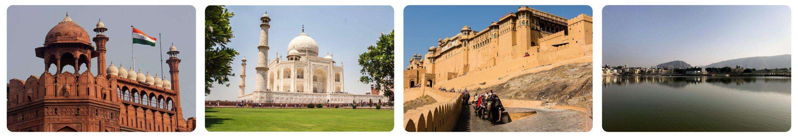 A collage of four images showcasing different architectural styles: The red fort of Delhi, the Taj Mahal of Agra, the Albert Fort of Jaipur and the lake view of pushkar. These are the main attraction point of Golden Triangle Tour Package with Pushkar from Delhi.