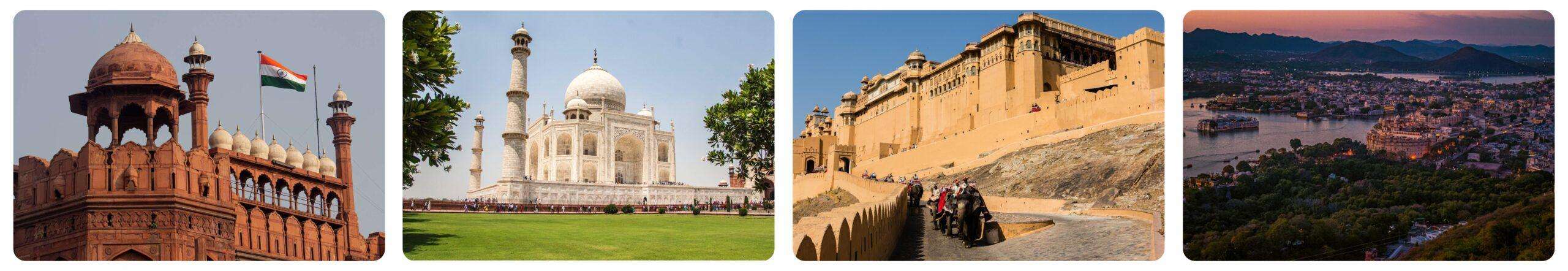A collage of four images showcasing different architectural styles: The red fort of Delhi, the Taj Mahal of Agra, the Albert Fort of Jaipur and the ariel view of Udaipur. These are the main attraction point of Golden Triangle Tour Package with udaipur from Delhi.