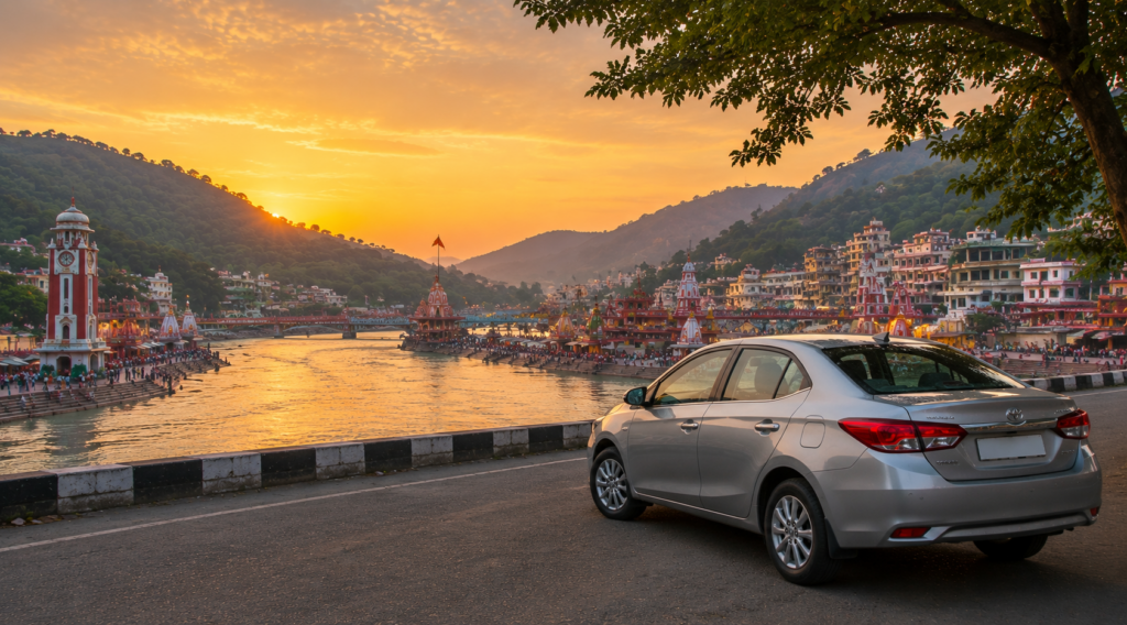 Private AC car parked near Har Ki Pauri during a one day Delhi to Haridwar and Rishikesh tour by car