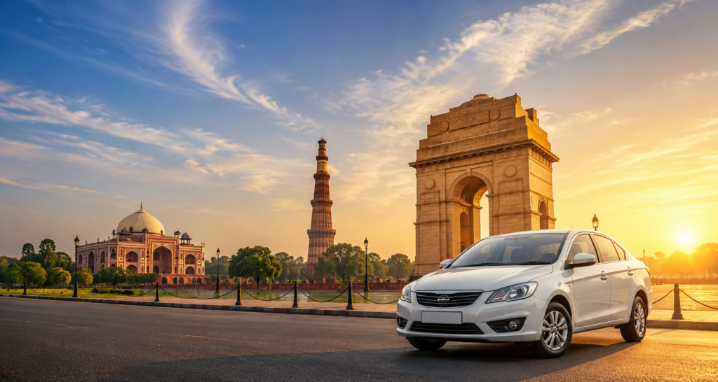 Private one day Delhi tour by car near India Gate and Delhi landmarks during sunset